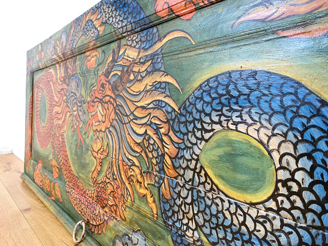 Einzigartiges Kunstwerk I Antike Holztür aus Bali I handbemalt mit asiatischen Drachen I Wandbild Gemälde Kunst Art Bild Kunsthandwerk Alte Wanddekoration Deko I