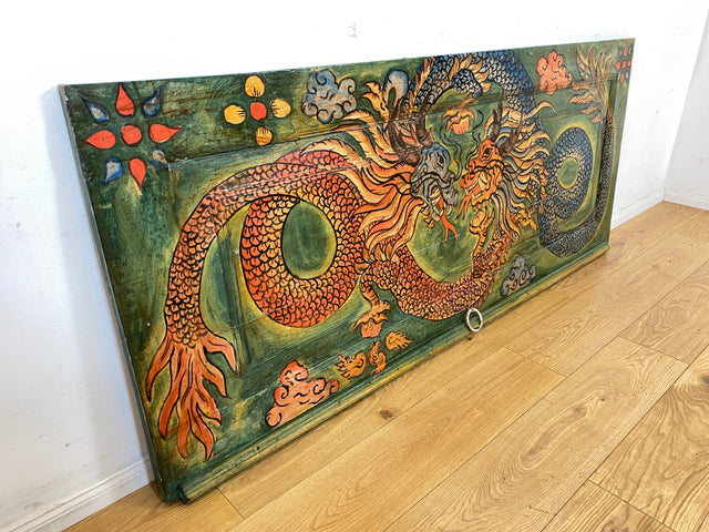 Einzigartiges Kunstwerk I Antike Holztür aus Bali I handbemalt mit asiatischen Drachen I Wandbild Gemälde Kunst Art Bild Kunsthandwerk Alte Wanddekoration Deko I