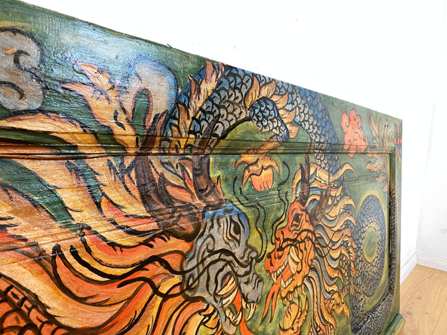 Einzigartiges Kunstwerk I Antike Holztür aus Bali I handbemalt mit asiatischen Drachen I Wandbild Gemälde Kunst Art Bild Kunsthandwerk Alte Wanddekoration Deko I