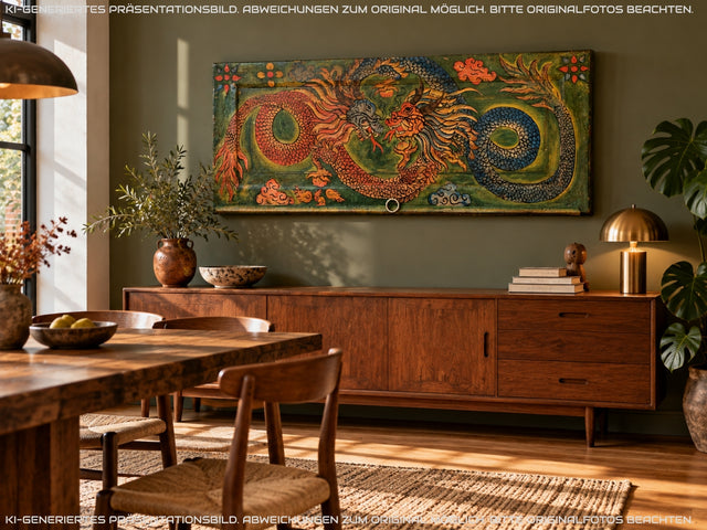 Einzigartiges Kunstwerk I Antike Holztür aus Bali I handbemalt mit asiatischen Drachen I Wandbild Gemälde Kunst Art Bild Kunsthandwerk Alte Wanddekoration Deko I