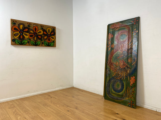 Einzigartiges Kunstwerk I Antike Holztür aus Bali I handbemalt mit asiatischen Drachen I Wandbild Gemälde Kunst Art Bild Kunsthandwerk Alte Wanddekoration Deko I