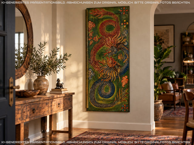 Einzigartiges Kunstwerk I Antike Holztür aus Bali I handbemalt mit asiatischen Drachen I Wandbild Gemälde Kunst Art Bild Kunsthandwerk Alte Wanddekoration Deko I