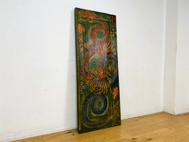 Einzigartiges Kunstwerk I Antike Holztür aus Bali I handbemalt mit asiatischen Drachen I Wandbild Gemälde Kunst Art Bild Kunsthandwerk Alte Wanddekoration Deko I