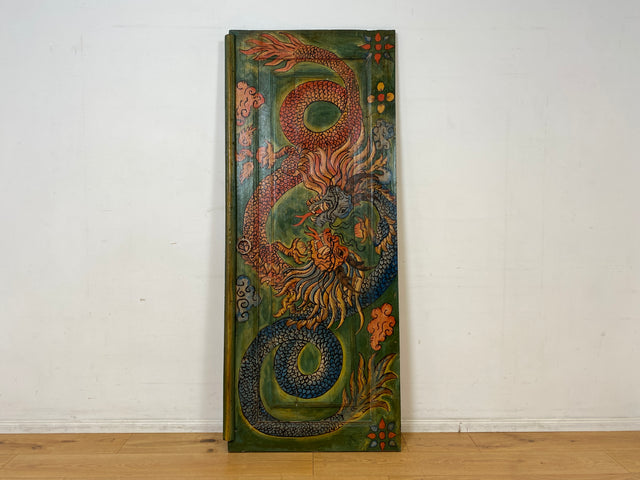 Einzigartiges Kunstwerk I Antike Holztür aus Bali I handbemalt mit asiatischen Drachen I Wandbild Gemälde Kunst Art Bild Kunsthandwerk Alte Wanddekoration Deko I