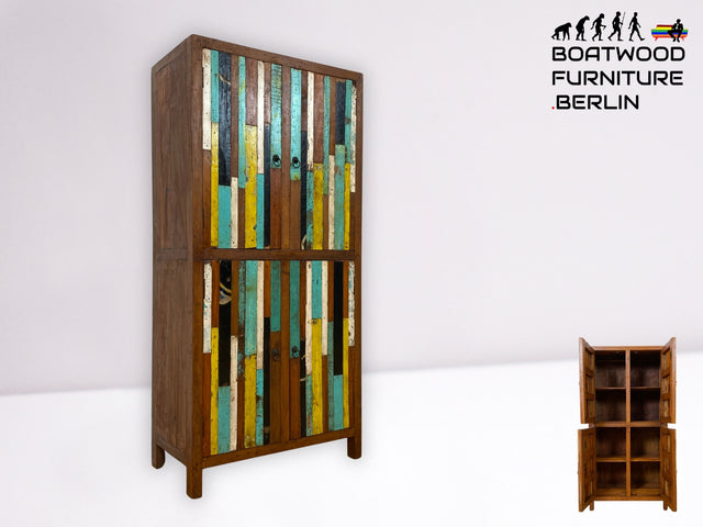 Besonderer Schrank handgefertigt aus altem Bootsholz in Originalfarben I Teakholz I Highboard Wäscheschrank Kleiderschrank Wäschekommode Badschrank Flurschrank I