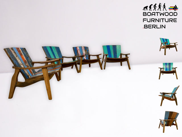 Formschöner und outdoor geeigneter Sessel aus altem Bootsholz in Originalfarben I Loungesessel Holzsessel Armchair Gartensessel Stuhl Gartenstuhl Balkon I