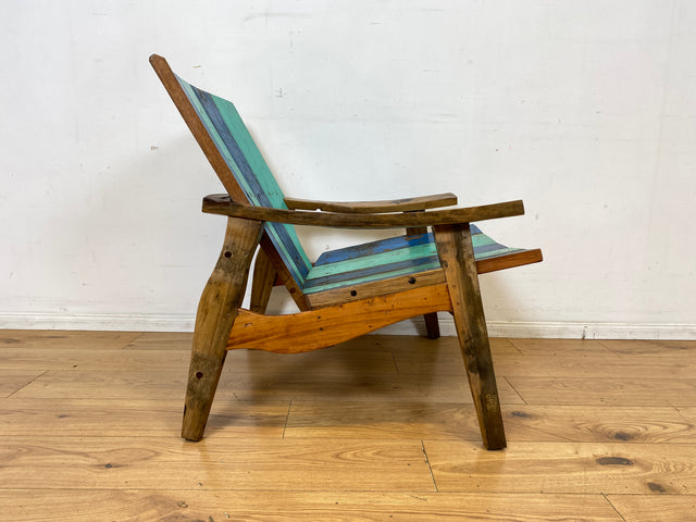 Formschöner und outdoor geeigneter Sessel aus altem Bootsholz in Originalfarben I Loungesessel Holzsessel Armchair Gartensessel Stuhl Gartenstuhl Balkon I