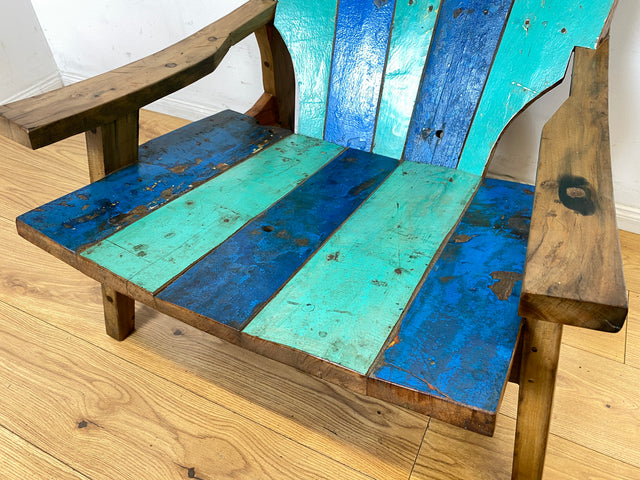 Formschöner und outdoor geeigneter Sessel aus altem Bootsholz in Originalfarben I Loungesessel Holzsessel Armchair Gartensessel Stuhl Gartenstuhl Balkon I