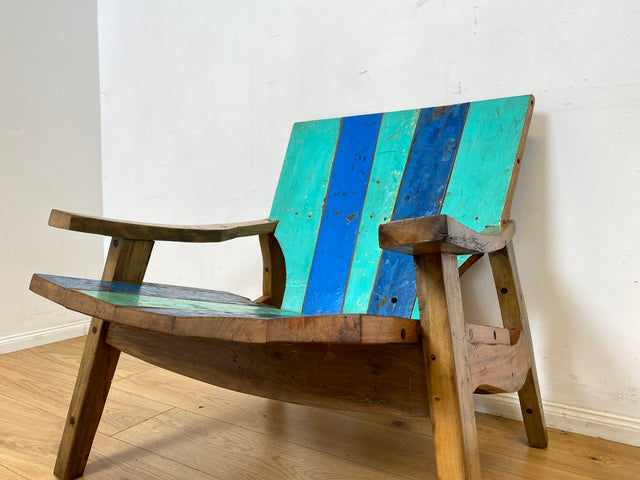 Formschöner und outdoor geeigneter Sessel aus altem Bootsholz in Originalfarben I Loungesessel Holzsessel Armchair Gartensessel Stuhl Gartenstuhl Balkon I