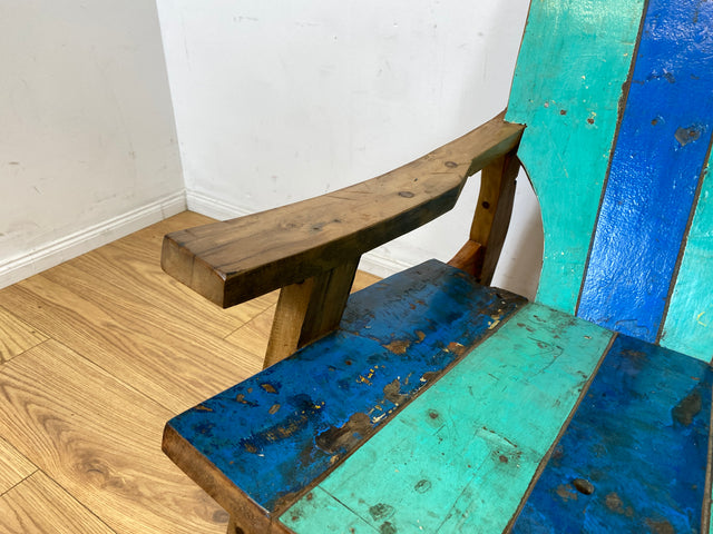 Formschöner und outdoor geeigneter Sessel aus altem Bootsholz in Originalfarben I Loungesessel Holzsessel Armchair Gartensessel Stuhl Gartenstuhl Balkon I