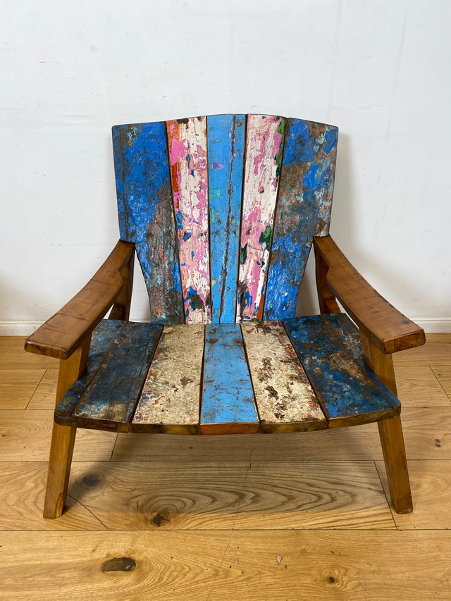 Formschöner und outdoor geeigneter Sessel aus altem Bootsholz in Originalfarben I Loungesessel Holzsessel Armchair Gartensessel Stuhl Gartenstuhl Balkon I