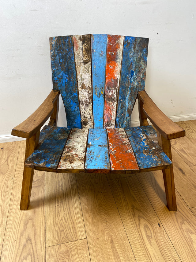 Formschöner und outdoor geeigneter Sessel aus altem Bootsholz in Originalfarben I Loungesessel Holzsessel Armchair Gartensessel Stuhl Gartenstuhl Balkon I