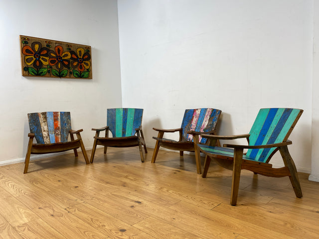 Formschöner und outdoor geeigneter Sessel aus altem Bootsholz in Originalfarben I Loungesessel Holzsessel Armchair Gartensessel Stuhl Gartenstuhl Balkon I