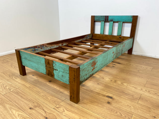 Boatwood by WMK # Beautiful &amp; sustainable single bed for mattresses 100x200 made from old boat wood, a handmade unique piece made from solid teak # Bed Daybed Bed Loft Industrial Design Boat Furniture Green