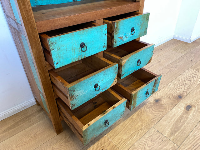 Boatwood by WMK I Schönes Bücherregal aus altem Bootsholz in Originalfarben I handgefertigt I Bücherschrank Regal Holzregal Highboard Kommode Raumtrenner Loft Teak Bootsmöbel Berlin Wolfsburg Dresden