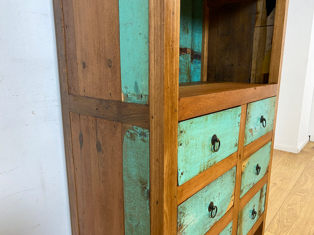 Boatwood by WMK I Schönes Bücherregal aus altem Bootsholz in Originalfarben I handgefertigt I Bücherschrank Regal Holzregal Highboard Kommode Raumtrenner Loft Teak Bootsmöbel Berlin Wolfsburg Dresden