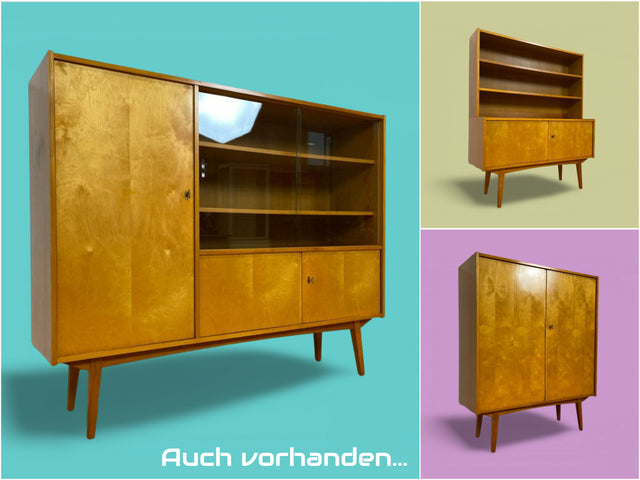 WMK Stilvoller und gut erhaltener Mid-Century Wohnzimmerschrank in Birke von VEB Möbelfabrik Werdau aus 1965 # Highboard Sideboard Schrankwand Rockabilly Vitrine Wohnzimmerschrank Vintage 60er Retro