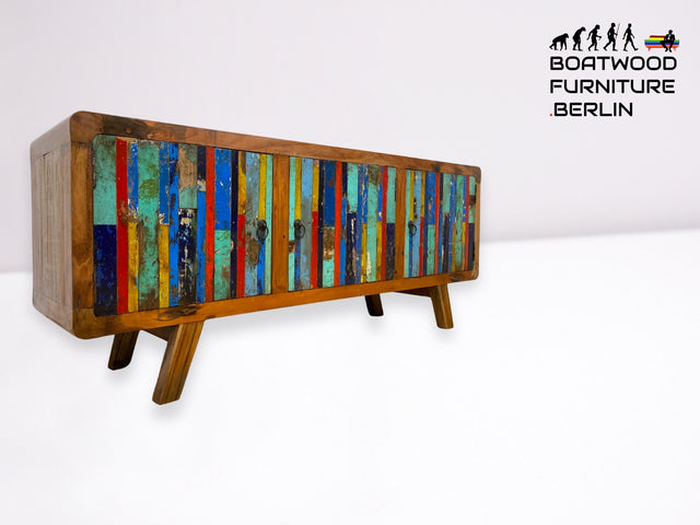 Boatwood by WMK I Bunterschönes Sideboard handgefertigt aus altem Bootsholz I Teakholz massiv I Kommode TV Lowboard Board Bank Schuhschrank Anrichte Bootsmöbel Treibholz I Berlin Hannover Dresden