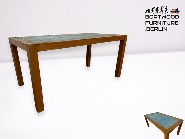 Boatwood by WMK # Einzigartiger 170x88cm großer Esstisch aus altem Bootsholz, ein handgefertigtes Unikat aus massivem Teakholz # blauer Tisch Esszimmertisch Holztisch Küchentisch Gastro Dining Table