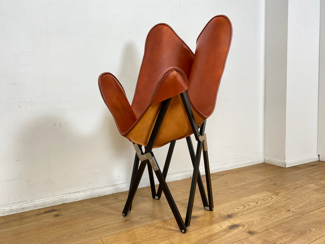 WMK I Das Highlight I Berühmter Designer Butterfly Chair von Weinbaums , zusammenfaltbar, mit hochwertigem Tabakbraunem Echtleder NP 1549€ I Sessel Stuhl Armchair Schmetterlingsstuhl BKF Leder Vintage