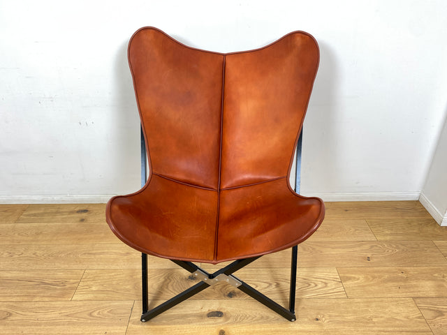 WMK I Das Highlight I Berühmter Designer Butterfly Chair von Weinbaums , zusammenfaltbar, mit hochwertigem Tabakbraunem Echtleder NP 1549€ I Sessel Stuhl Armchair Schmetterlingsstuhl BKF Leder Vintage