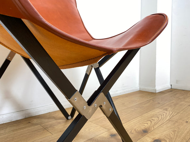 WMK I Das Highlight I Berühmter Designer Butterfly Chair von Weinbaums , zusammenfaltbar, mit hochwertigem Tabakbraunem Echtleder NP 1549€ I Sessel Stuhl Armchair Schmetterlingsstuhl BKF Leder Vintage