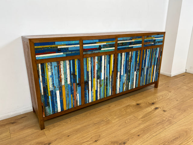 Boatwood by WMK I Bunterschönes und detailreiches Sideboard mit Schubladen , ein aus altem Bootsholz handgefertigtes Unikat aus massivem Teakholz # Kommode Schrank Anrichte Flur Wäsche Bootsmöbel Teak