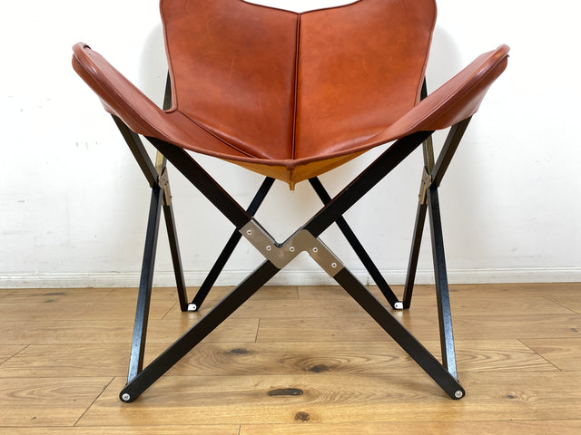 WMK I Das Highlight I Berühmter Designer Butterfly Chair von Weinbaums , zusammenfaltbar, mit hochwertigem Tabakbraunem Echtleder NP 1549€ I Sessel Stuhl Armchair Schmetterlingsstuhl BKF Leder Vintage