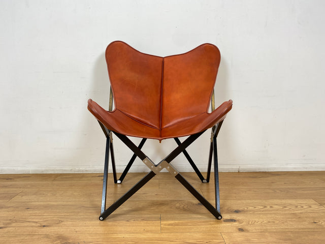 WMK I Das Highlight I Berühmter Designer Butterfly Chair von Weinbaums , zusammenfaltbar, mit hochwertigem Tabakbraunem Echtleder NP 1549€ I Sessel Stuhl Armchair Schmetterlingsstuhl BKF Leder Vintage