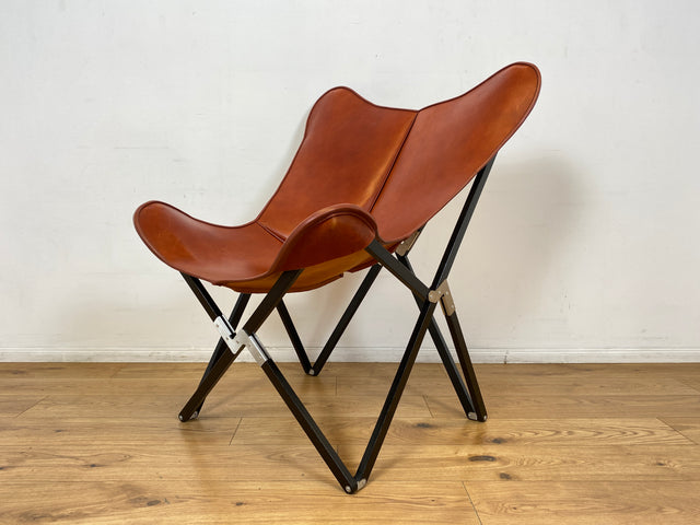 WMK I Das Highlight I Berühmter Designer Butterfly Chair von Weinbaums , zusammenfaltbar, mit hochwertigem Tabakbraunem Echtleder NP 1549€ I Sessel Stuhl Armchair Schmetterlingsstuhl BKF Leder Vintage