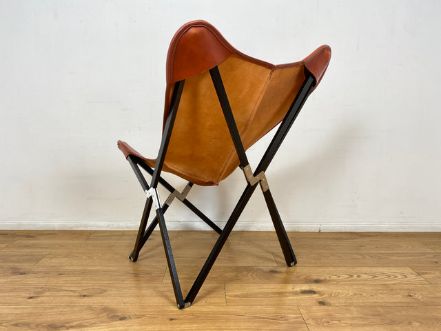 WMK I Das Highlight I Berühmter Designer Butterfly Chair von Weinbaums , zusammenfaltbar, mit hochwertigem Tabakbraunem Echtleder NP 1549€ I Sessel Stuhl Armchair Schmetterlingsstuhl BKF Leder Vintage