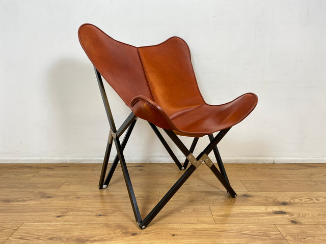WMK I Das Highlight I Berühmter Designer Butterfly Chair von Weinbaums , zusammenfaltbar, mit hochwertigem Tabakbraunem Echtleder NP 1549€ I Sessel Stuhl Armchair Schmetterlingsstuhl BKF Leder Vintage