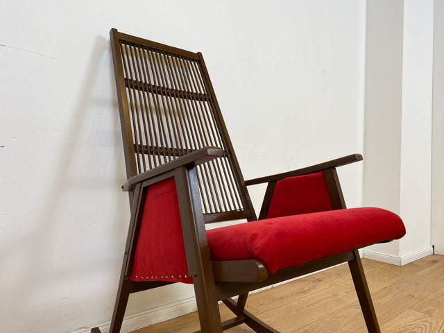 WMK # WMK Stilvoller und gut erhaltener Designer Schaukelstuhl von Selman Selmanagic für VEB Hellerau mit roter Polsterung # Stuhl Sessel Lesesessel Rocking Chair Mid-Century Retro DDR Vintage 60er