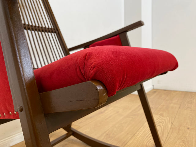 WMK # WMK Stilvoller und gut erhaltener Designer Schaukelstuhl von Selman Selmanagic für VEB Hellerau mit roter Polsterung # Stuhl Sessel Lesesessel Rocking Chair Mid-Century Retro DDR Vintage 60er