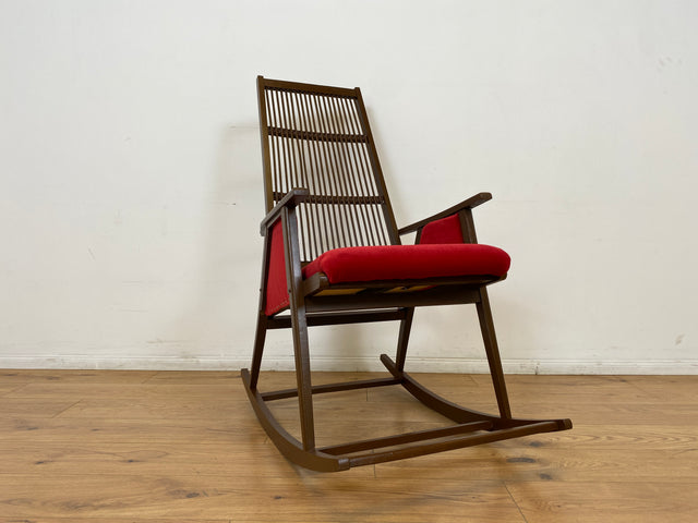 WMK # WMK Stilvoller und gut erhaltener Designer Schaukelstuhl von Selman Selmanagic für VEB Hellerau mit roter Polsterung # Stuhl Sessel Lesesessel Rocking Chair Mid-Century Retro DDR Vintage 60er
