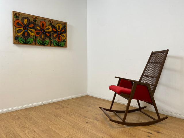 WMK # WMK Stilvoller und gut erhaltener Designer Schaukelstuhl von Selman Selmanagic für VEB Hellerau mit roter Polsterung # Stuhl Sessel Lesesessel Rocking Chair Mid-Century Retro DDR Vintage 60er
