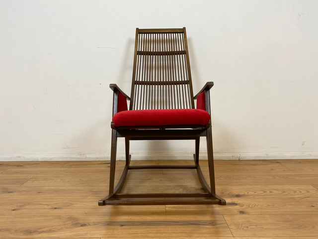WMK # WMK Stilvoller und gut erhaltener Designer Schaukelstuhl von Selman Selmanagic für VEB Hellerau mit roter Polsterung # Stuhl Sessel Lesesessel Rocking Chair Mid-Century Retro DDR Vintage 60er