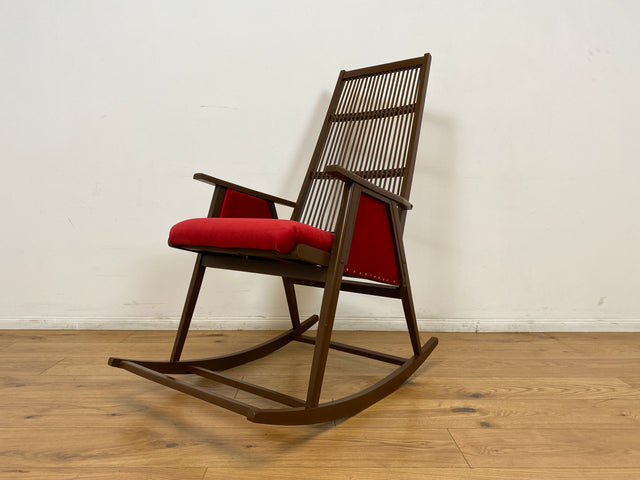 WMK # WMK Stilvoller und gut erhaltener Designer Schaukelstuhl von Selman Selmanagic für VEB Hellerau mit roter Polsterung # Stuhl Sessel Lesesessel Rocking Chair Mid-Century Retro DDR Vintage 60er
