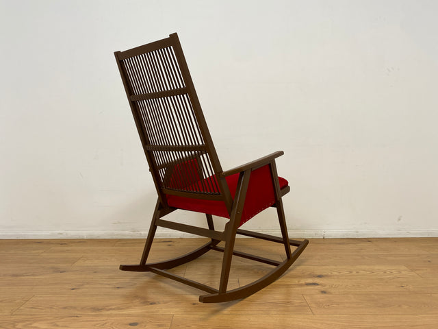 WMK # WMK Stilvoller und gut erhaltener Designer Schaukelstuhl von Selman Selmanagic für VEB Hellerau mit roter Polsterung # Stuhl Sessel Lesesessel Rocking Chair Mid-Century Retro DDR Vintage 60er