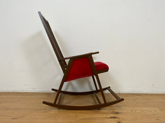 WMK # WMK Stilvoller und gut erhaltener Designer Schaukelstuhl von Selman Selmanagic für VEB Hellerau mit roter Polsterung # Stuhl Sessel Lesesessel Rocking Chair Mid-Century Retro DDR Vintage 60er
