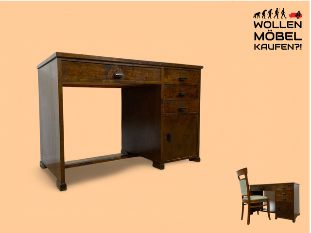 WMK # Wunderschöner und gut erhaltener kleiner dunkler skandinavischer Art Deco Schreibtisch aus vollem Holz mit Schubladen und hübschen Originalgriffen # Bürotisch Arbeitstisch Desk Sekretär Vintage