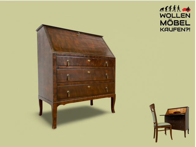 WMK # Schöner und gut erhaltener skandinavischer Sekretär aus vollem Holz mit Schubladen & hübschen Messinggriffen # Schreibschrank Schreibtisch Kommode Schubladenkommode Desk Vintage 50er Mid-Century