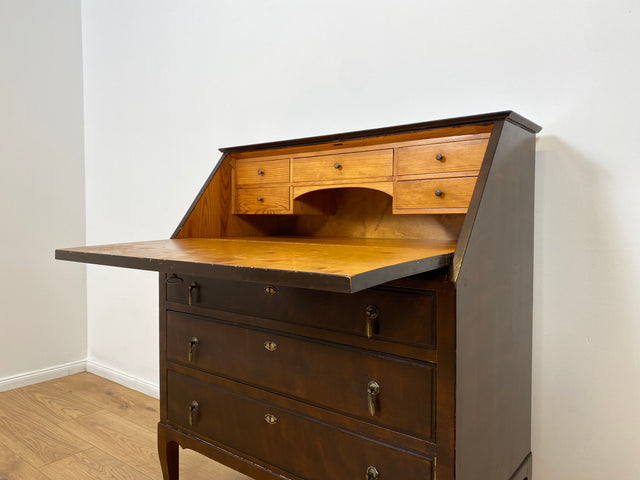 WMK # Beautiful and well-preserved Scandinavian secretary made of solid wood with drawers and pretty brass handles # Writing desk chest of drawers desk vintage 50s mid-century