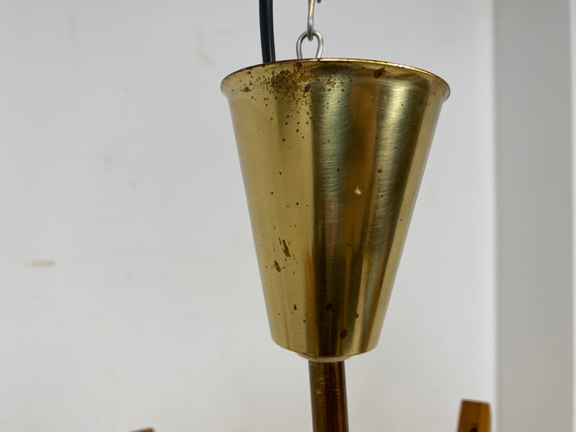 WMK # Stilvoller und sehr gut erhaltener großer Mid-Century Kronleuchter im skandinavischen Stil aus Opalglas & Teakholz # Lampe Deckenlampe Deckenleuchte Hängelampe Pendelleuchte Lüster Vintage DDR