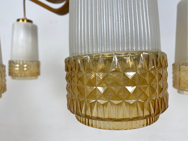 WMK # Stilvoller und sehr gut erhaltener großer Mid-Century Kronleuchter im skandinavischen Stil aus Opalglas & Teakholz # Lampe Deckenlampe Deckenleuchte Hängelampe Pendelleuchte Lüster Vintage DDR