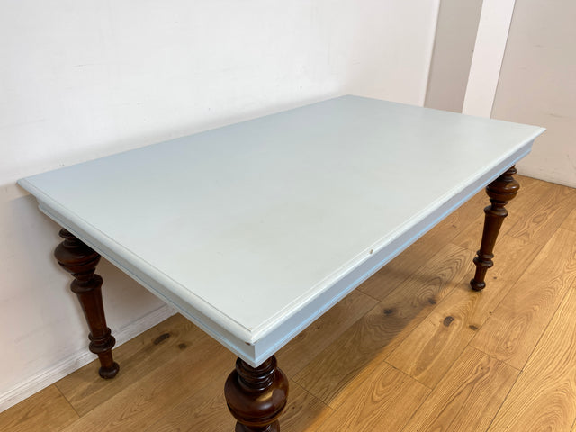 WMK I Imposanter Gründerzeit Esstisch , Vollholz, mit hellblau lackierter Tischplatte & gedrechselten Beinen I großer Esszimmertisch Tisch Tafel Dining Table Schreibtisch Antik Vintage Berlin NRW Bonn