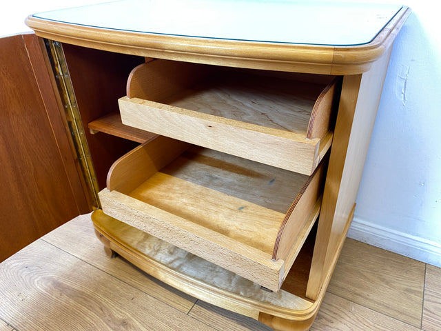 WMK I 1/2 Formschöner heller und großer Mid-Century Nachttisch aus vollem Holz mit Schubladen & abnehmbarer Glasauflage I Nachtkommode Nachtschrank Night Stand Kommode Vintage 60er Berlin Leipzig Kiel