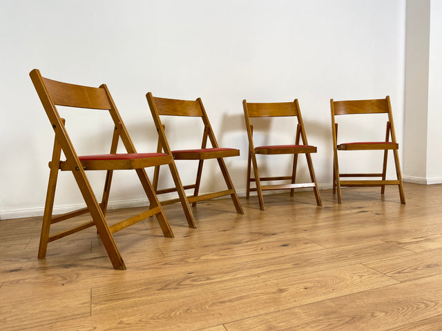 WMK # 1/11 Stylish, comfortable and stable Scandinavian mid-century folding chair with red imitation leather cover, stackable # Stacking chair, wooden chair, kitchen chair, balcony chair, school chair, vintage 60s