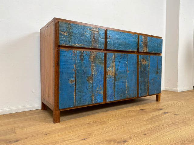 Boatwood by WMK # Sehr schönes meeresblaues Sideboard mit Schubladen , ein aus altem Bootsholz handgefertigtes Unikat aus massivem Teakholz # Schrank Kommode Anrichte Wäschekommode Fernsehkommode Teak