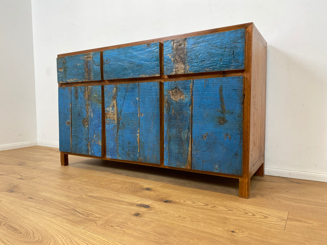 Boatwood by WMK # Sehr schönes meeresblaues Sideboard mit Schubladen , ein aus altem Bootsholz handgefertigtes Unikat aus massivem Teakholz # Schrank Kommode Anrichte Wäschekommode Fernsehkommode Teak